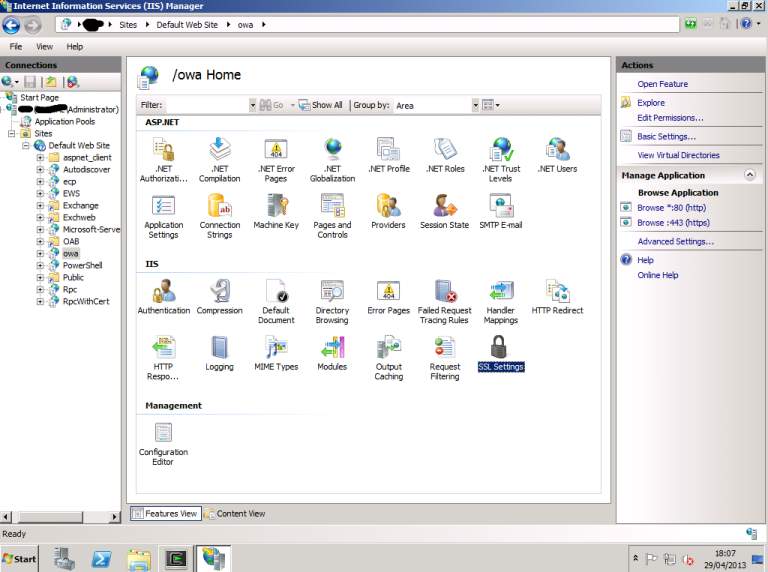IIS Manager with SSL Settings Highlighted